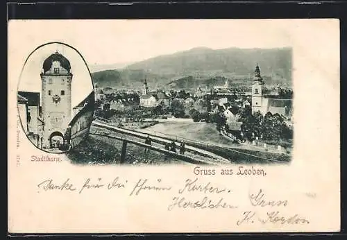 AK Leoben, Ortsansicht mit Flusspartie und Stadtturm