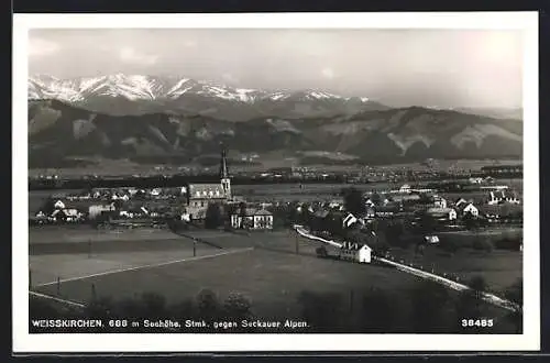 AK Weisskirchen in Steiermark, Teilansicht mit Kirche gegen Seckauer Alpen