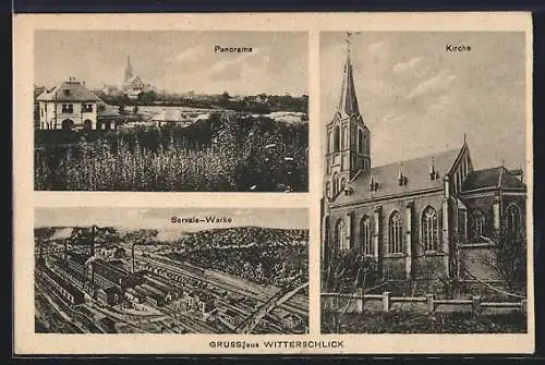 AK Witterschlick, Die Servais-Werke, die Kirche, Panoramablick