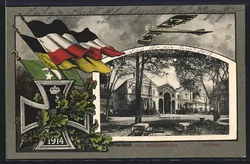 AK Bad Mergentheim, Kurhaus, Eisernes Kreuz mit Reichsfahne, Österr.-ungar. Fahne