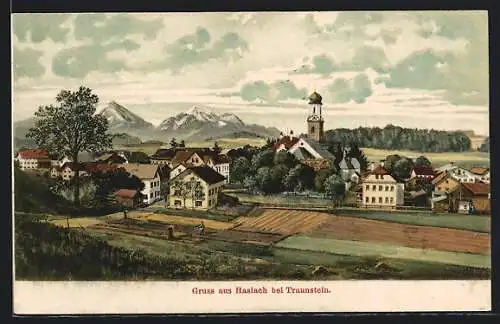 AK Haslach bei Traunstein, Ortsansicht gegen die Berge