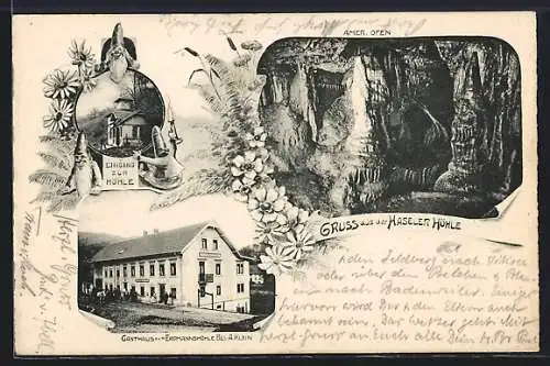AK Hasel, Gasthaus zur Erdmannshöhle, Haseler Höhle mit Zwergen am Eingang