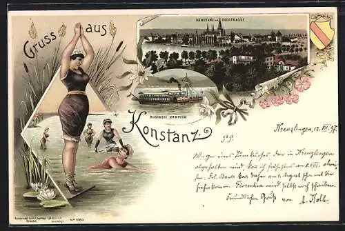 Lithographie Konstanz, Ortsansicht v. d. Seestrasse, Bodensee Dampfer, Frau im Badeanzug