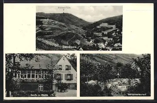 AK Zell-Riedle, Gasthaus z. Riedle, Gartenrestaurant, Gesamtansicht mit dem Brandeck-Turm