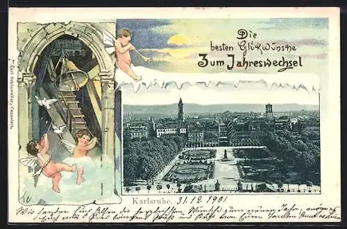 AK Karlsruhe, Ortsansicht aus der Vogelschau, im geprägten Passepartout mit kleinen Engeln, Neujahrskarte