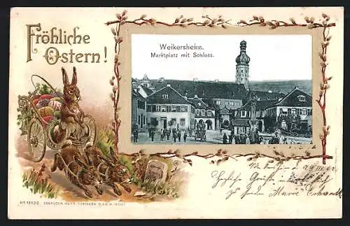 Passepartout-Lithographie Weikersheim, Marktplatz mit Schloss, Osterhasen-Kutsche, Ostergruss