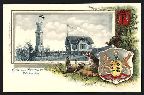 Passepartout-Lithographie Freudenstadt, Gasthaus Friedrichshöhe und Aussichtsturm, Wappen