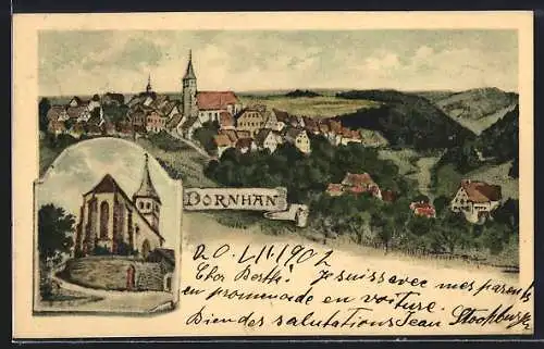 Lithographie Dornhan, Ortsansicht, Kirche