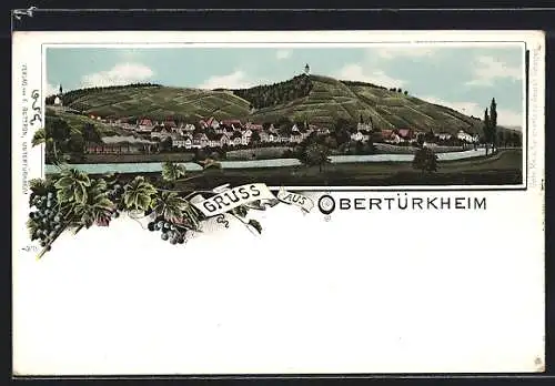 Lithographie Obertürkheim, Gesamtansicht mit Fluss und Eisenbahn