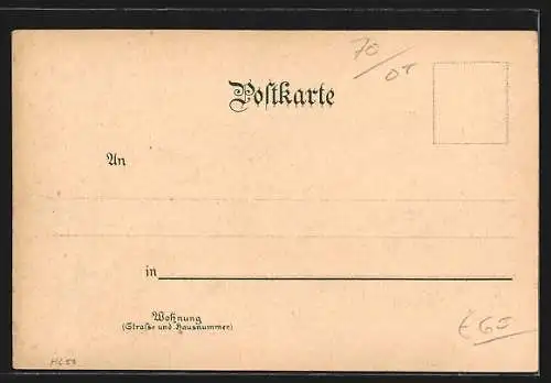 Lithographie Obertürkheim, Gesamtansicht mit Fluss und Eisenbahn