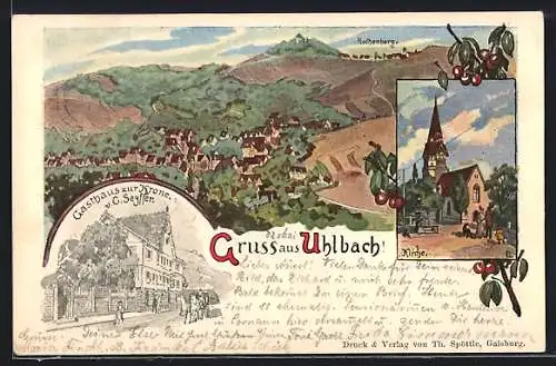 Lithographie Uhlbach / Obertürkheim, Panorama mit dem Rothenberg, Partie am Gasthaus zur Krone und Kirche