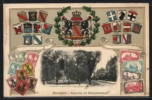 AK Mannheim, Kaiserring mit Bismarckdenkmal, versch. Briefmarken