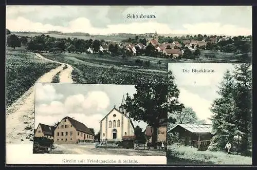 AK Schönbrunn / Baden, Blockhütte, Kirche mit Friedenseiche u. Schule, Gesamtansicht mit Landstrasse