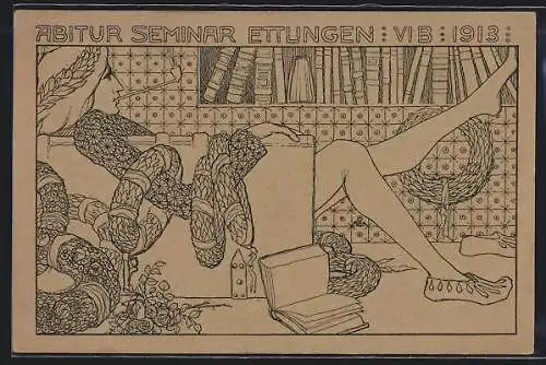 Künstler-AK Ettlingen, Abitur Seminar VIB, 1913, Allegorische Figur mit Ehrenkränzen, Pfeife, Bücher