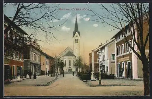AK Kolbermoor, Strassenpartie mit Geschäften und Kirche