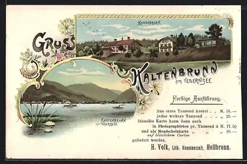 Lithographie Kaltenbrunn am Tegernsee, Ortsansicht mit Dampfer auf dem Tegernsee