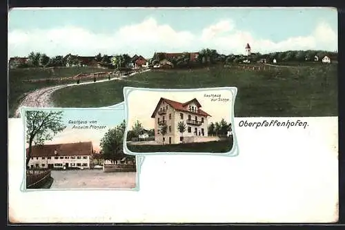 AK Oberpfaffenhofen, Gasthaus Anselm Plonner, Gasthaus zur Sonne, Ortsansicht mit Landstrasse