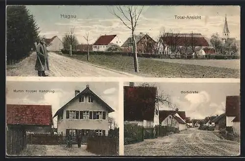 AK Hagau, Handlung Martin Koppel, Strassenpartie, Totalansicht mit Soldat