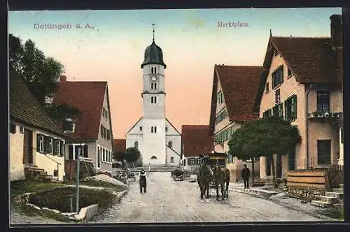 AK Dettingen a. A., Marktplatz mit Kirche und Pferdewagen