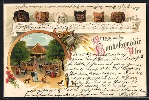 Lithographie Ulm / Donau, Gasthaus zur Hundskomödie, Ulmer Fischermarsch