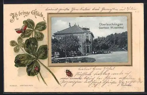Passepartout-Lithographie Oberlauchringen, Gasthaus Wutachthal, Marienkäfer und Glücksklee