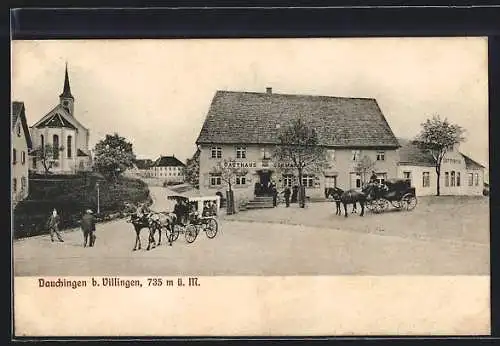 AK Dauchingen /Villingen, Strassenpartie mit Gasthaus Germania und Kirche, Kutsche