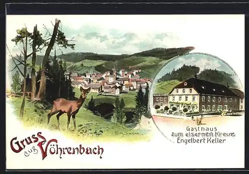 Lithographie Vöhrenbach, Gasthaus zum eisernen Kreuz, Totalansicht