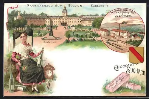Lithographie Karlsruhe, Fabrik Chocolat Suchard, Schloss, Dame in Tracht mit Weinflaschen