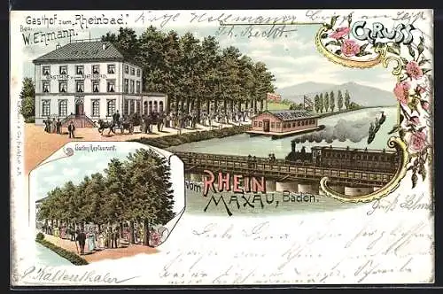 Lithographie Maxau / Baden, Gasthof zum Rheinbad mit Garten-Restaurant von W. Ehmann