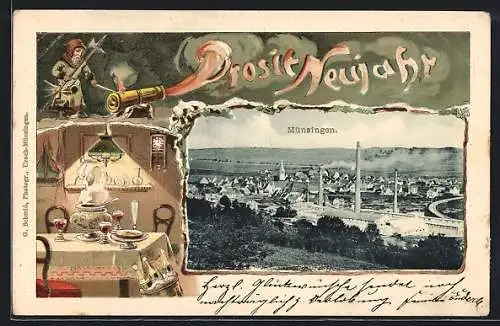 AK Münsingen, Gesamtansicht mit Industrieareal, geprägtes Passepartout Prosit Neujahr