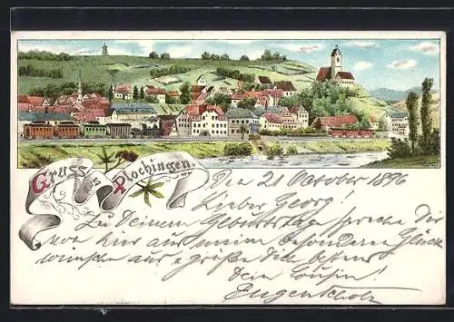 Lithographie Plochingen, Gesamtansicht am Fluss