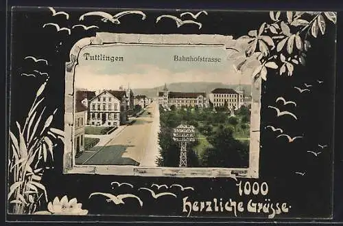 AK Tuttlingen, Die Bahnhofstrasse aus der Vogelschau, im Passepartout