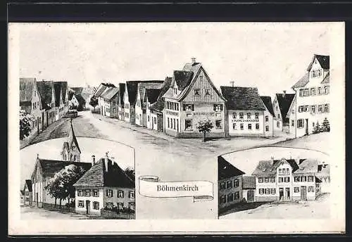 Künstler-AK sign. Hans Pernat: Böhmenkirch, Ortsansicht, Warengeschäft E. Blessing