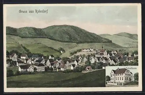Künstler-AK sign. Hans Pernat: Rohrdorf, Schulhaus, Gesamtansicht im Tal