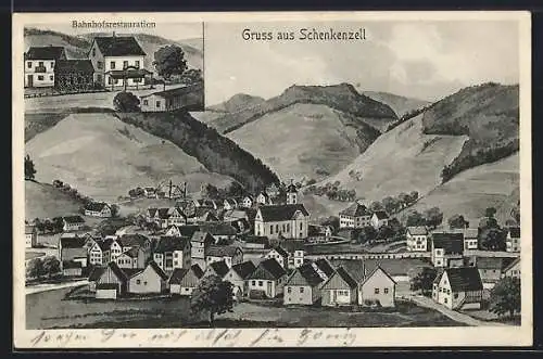 Künstler-AK sign. Hans Pernat: Schenkenzell, Bahnhofsrestaurant, Gesamtansicht im Tal