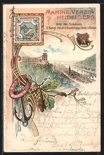 Lithographie Heidelberg / Neckar, Ortsansicht, Marine-Verein, Rettungsring SMS Baden