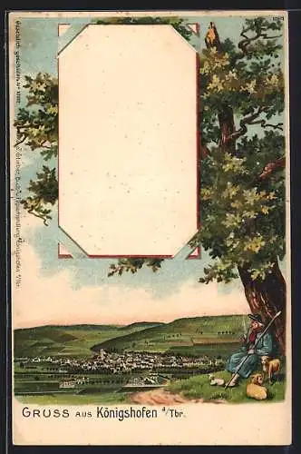 Lithographie Lauda-Königshofen, Schäfer und Schafherde mit Blick zum Ort