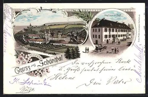 Lithographie Schöntal / Jagst, Gasthaus zur Post, Ortsansicht