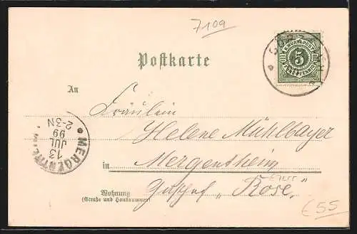 Lithographie Schöntal / Jagst, Gasthaus zur Post, Ortsansicht