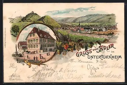 Lithographie Untertürkheim, Gasthaus zum Adler, Ortsansicht