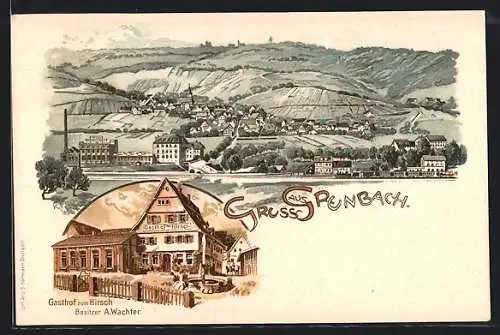 Lithographie Grunbach / Remstal, Gasthof zum Hirsch von A. Wachter, Ortsansicht