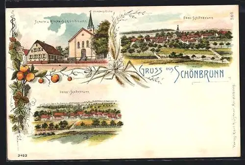 Lithographie Schönbrunn / Baden, Schule u. Kirche mit Friedenseiche, Unter-Schönbrunn, Ober-Schönbrunn