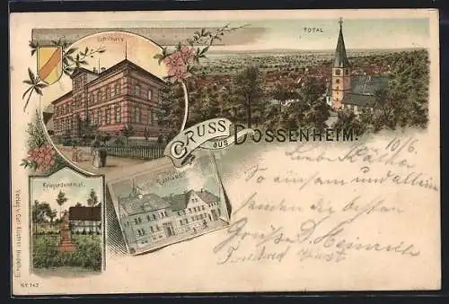 Lithographie Dossenheim, Schulhaus, Rathaus, Kriegerdenkmal