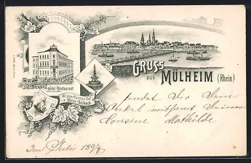 Lithographie Mülheim / Rhein, Hotel-Restaurant Wipperfürther Hof, Brunnen, Teilansicht