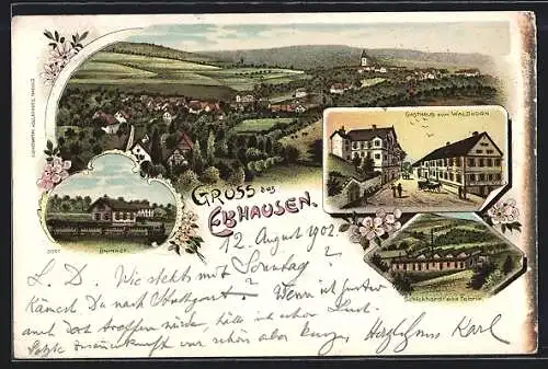Lithographie Ebhausen, Gasthaus zum Waldhorn, Schickhardt`sche Fabrik, Bahnhof