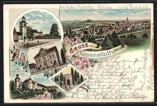 Lithographie Neuenstadt / Kocher, Gasthaus zum Rössle, Ruine der Heimbundkirche