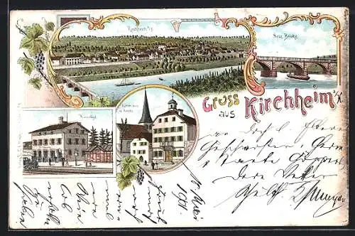 Lithographie Kirchheim / Neckar, Rathaus und Kirche, Bahnhof, Neue Brücke