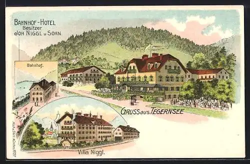 Lithographie Tegernsee, Bahnhof-Hotel mit Umgebung, Villa Niggl