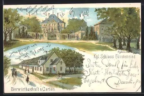 Lithographie München-Fürstenried, Biergasthaus & Garten, Königliches Schloss