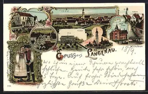 Lithographie Langenau / Württ., Marktplatz, Turnhalle, Schulhaus